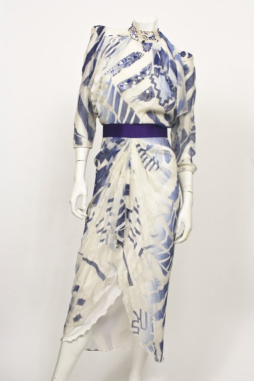 ZANDRA RHODES Hand Painted Blue & White Geometric Silk Dress