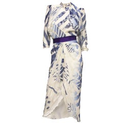 ZANDRA RHODES Hand Painted Blue & White Geometric Silk Dress