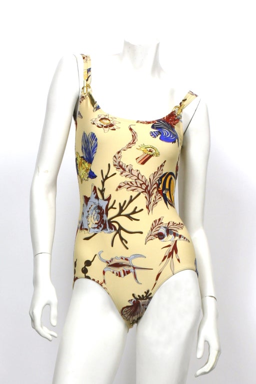 Gold Hermes swimsuit with gold toggle clasps. Gorgeous underwater landscape print. Signed Hermes in fabric. Never worn and in excellent condition.

Store Location:

DEVORADO
436 E.9th St.
NYC, NY 10009
Store Hours: Mon-Sat 12-7pm, Sun 1-7pm