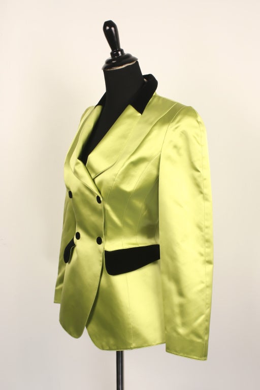 Amazing futurist jacket by THIERRY MUGLER. Avant-Garde design. Bright green satin with velvet details. Excellent condition. Size small.

Store Location:

DEVORADO
436 E.9th St.
NYC, NY 10009
Store Hours: Mon-Sat 12-7pm, Sun 1-7pm