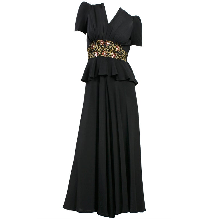 1940's Black Crepe Dress For Sale