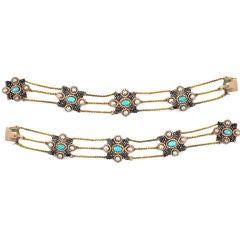 Boxed Pair of  Turquoise, Enamel and Pearl Bracelets or Collar