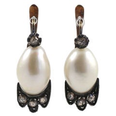 Pearl and Diamond Victorian Earrngs set in 15kt Gold and Silver