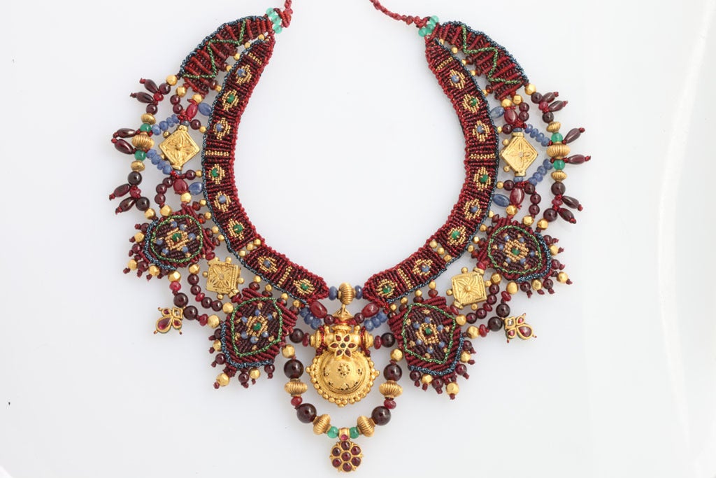 Indian Multi Gem Gold Embroidered Collar In Excellent Condition In Stamford, CT
