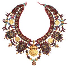Vintage Indian Multi Gem Gold Embroidered Collar