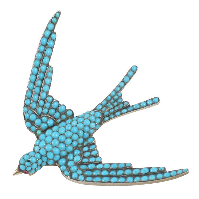 Victorian Turquoise Pave Swallow Brooch In Excellent Condition In Stamford, CT