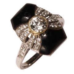 Antique Art Deco Onyx Diamond Gold Platinum Ring