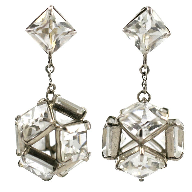 Art Deco Sterling and Rock Crystal Chandelier Earrings