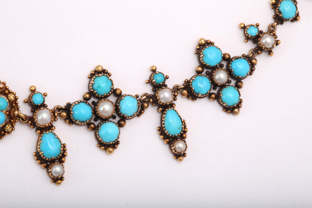Mixed Cut Summer Blues Victorian Turquoise and Pearl Necklace For Sale