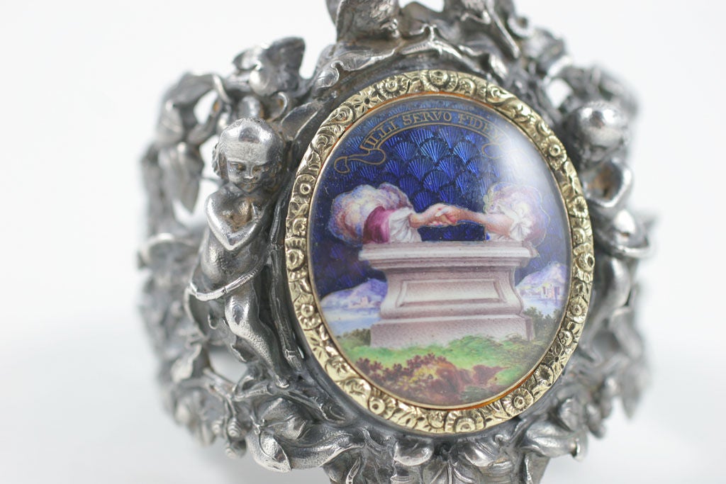 Attributed to the French artist,  Frederic Masson, mid 19th century, this sculptured bracelet has a powerful presence on the wrist and as an extraordinary work of art.  Mr. Masson made a few bracelets only, one is on the cover of 