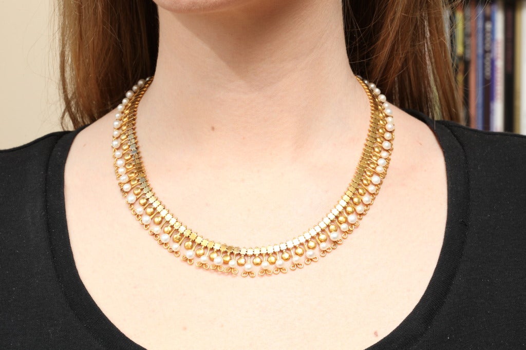 Women's French Pearl Gold Fringe Necklace