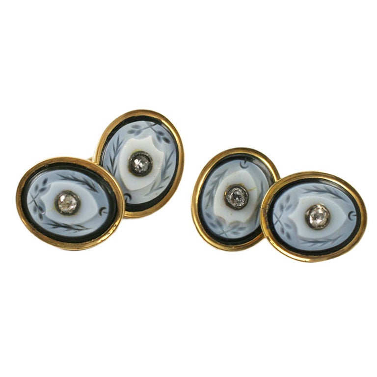 Victorian Banded Agate Diamond Cufflinks For Sale