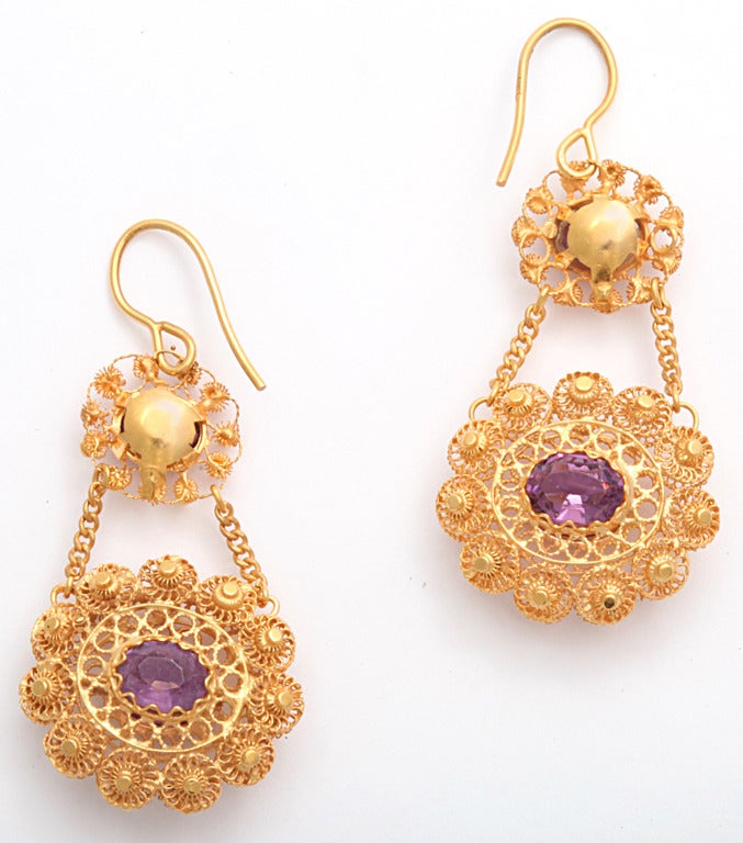 Women's Georgian Double Sided Cannetille Amethyst Gold Earrings