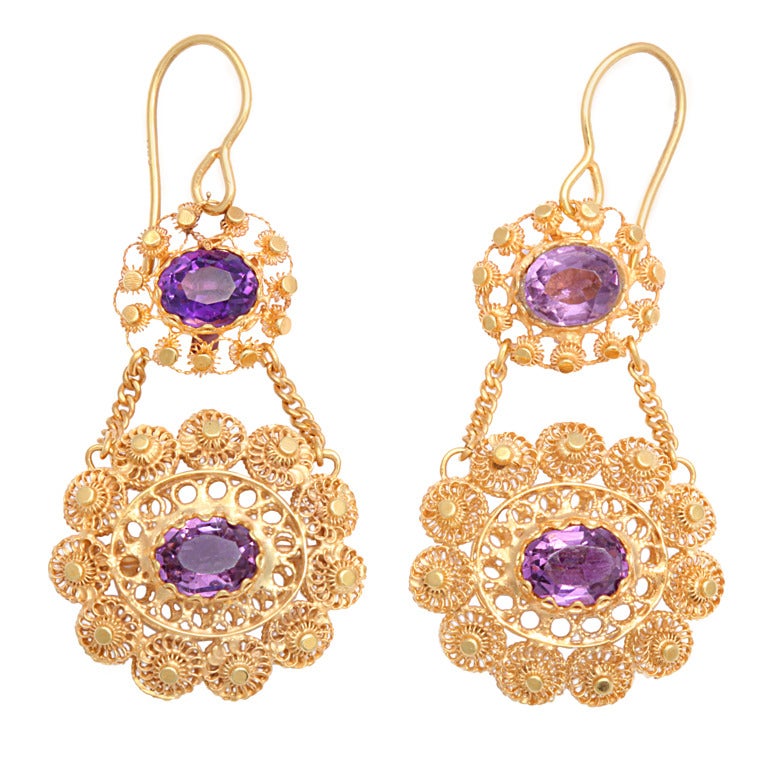 Georgian Double Sided Cannetille Amethyst Gold Earrings