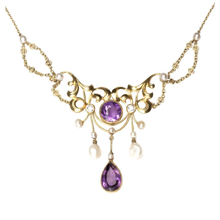 American Art Nouveau Amethyst, Diamond and Natural Pearl Necklace In Excellent Condition In Stamford, CT
