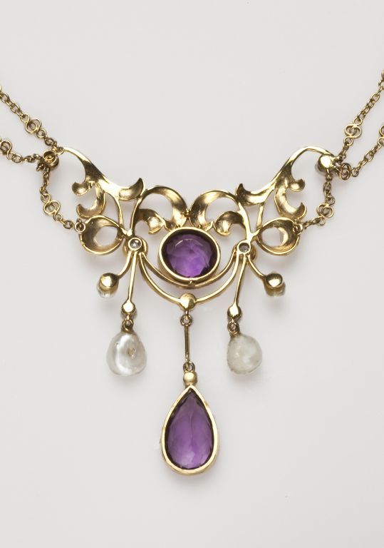 Women's American Art Nouveau Amethyst, Diamond and Natural Pearl Necklace