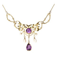 American Art Nouveau Amethyst, Diamond and Natural Pearl Necklace