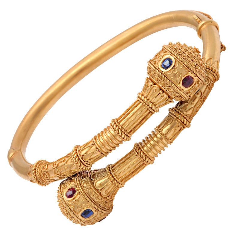 Victorian Gem Set Granulated Gold Etruscan Revival Bracelet