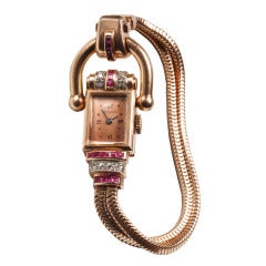 Lady's Rose Gold, Diamond and Ruby Retro Bracelet Watch 2