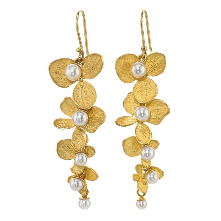 John Iversen Pearl Gold Hydrangea Drop Earrings