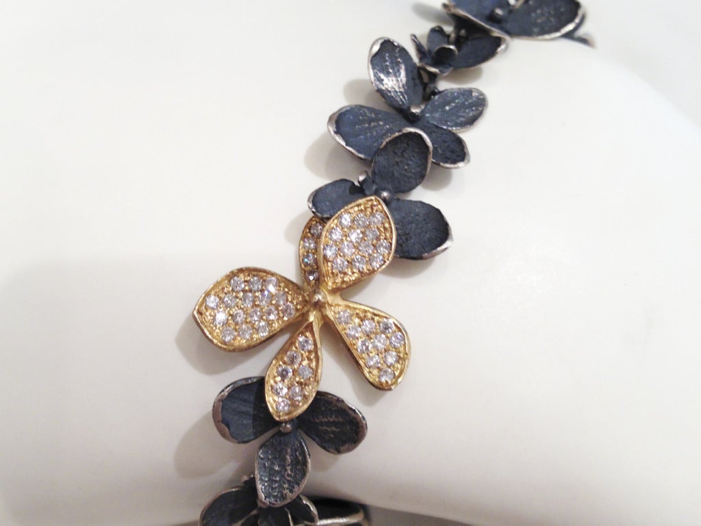 Artist John Iversen Diamond Oxidized Silver Gold Hydrangea Bracelet