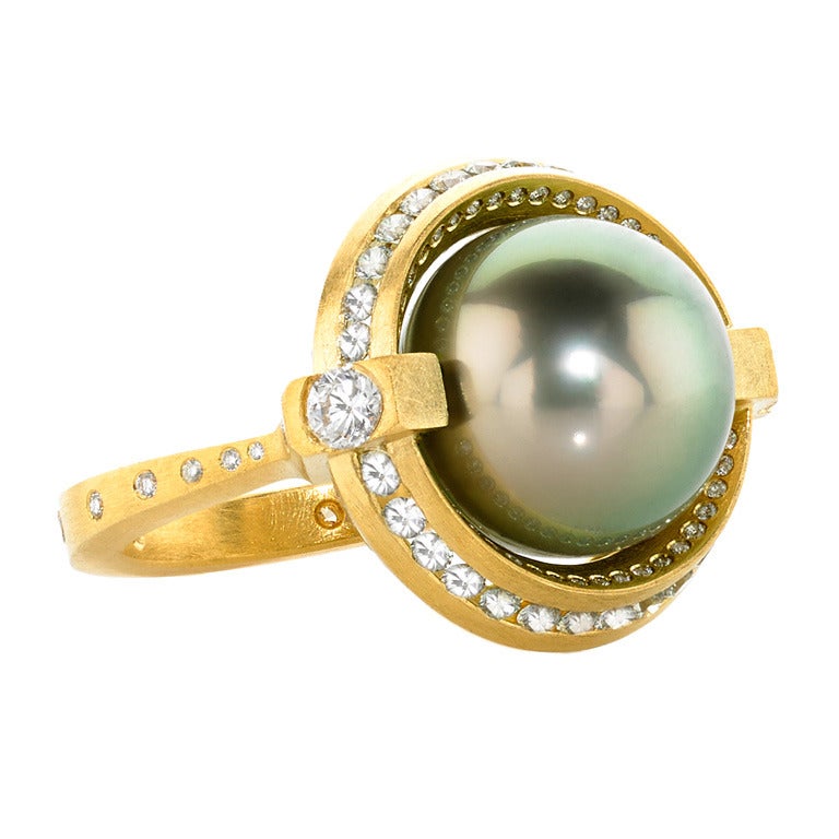 Spinning Tahitian Pearl Sapphire Diamond Galaxy Ring