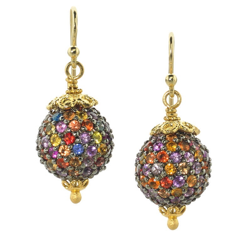 One of a Kind Multicolored Sapphire Silver Gold Drop Earrings