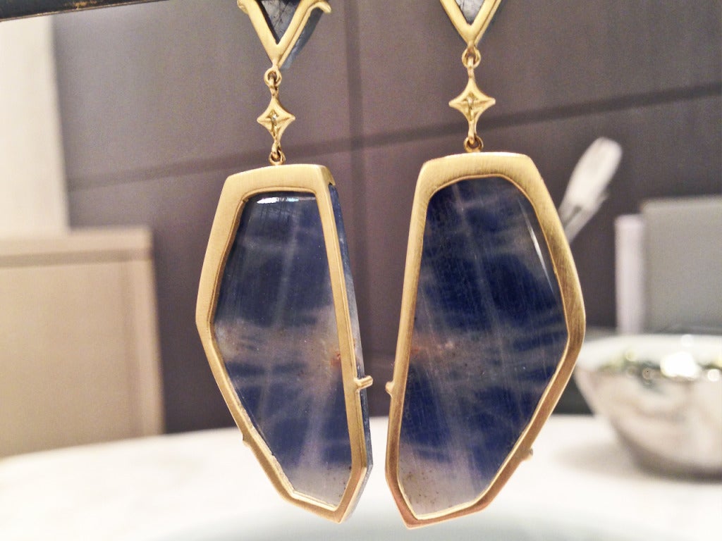 Anahita One of a Kind Faceted Blue Sapphire Diamond Gold Dangle Drop Earrings 1