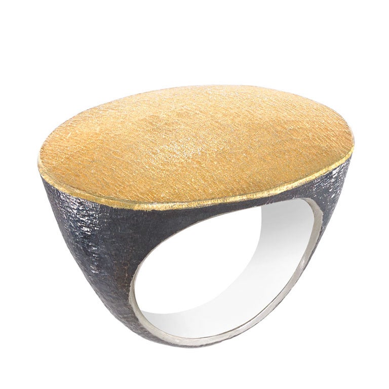 John Iversen Handmade Matte Gold Oxidized Silver Flat Top Ring