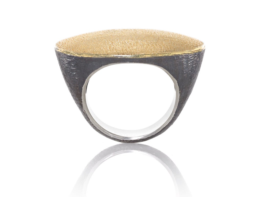 Flat Top Ring handcrafted in matte-finished 18k yellow gold with a beautifully-finished oxidized sterling silver shank and a bright sterling silver, floral undercarriage.