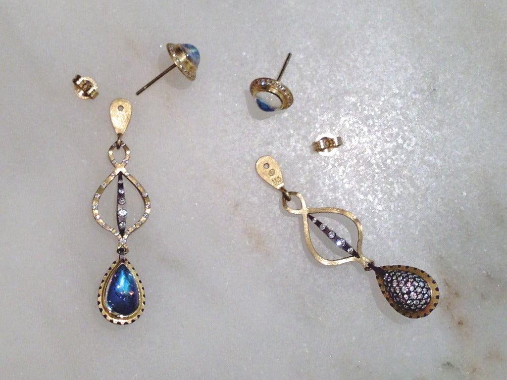 Reversible and Detachable Moonstone Diamond Stud Drop Earrings 1