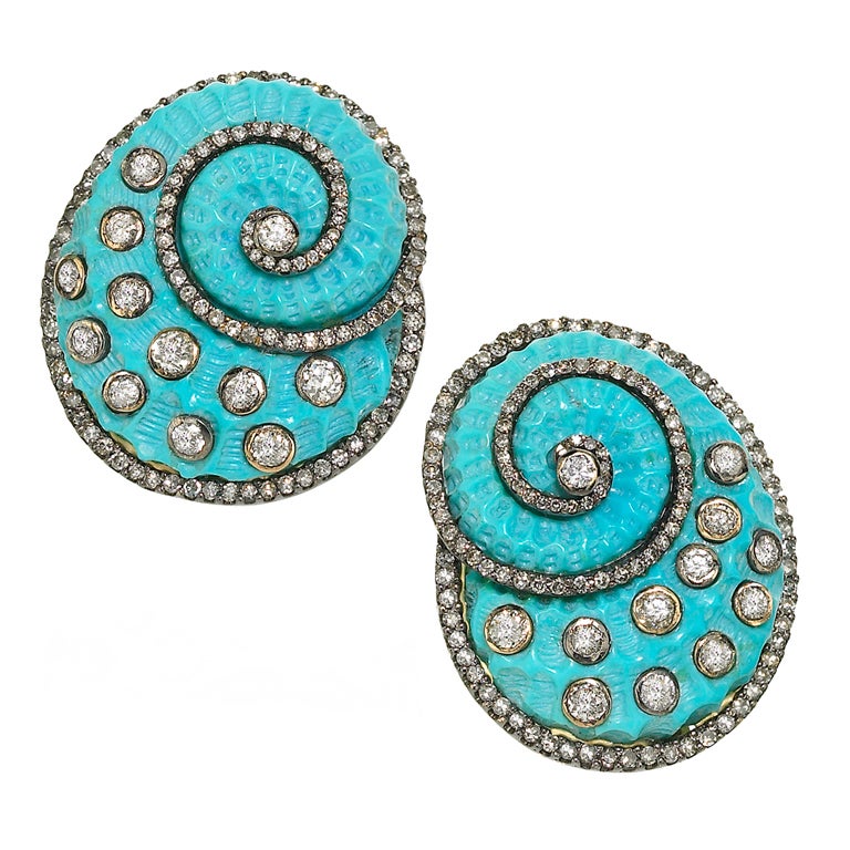 Hand Carved Turquoise diamond gold Earrings