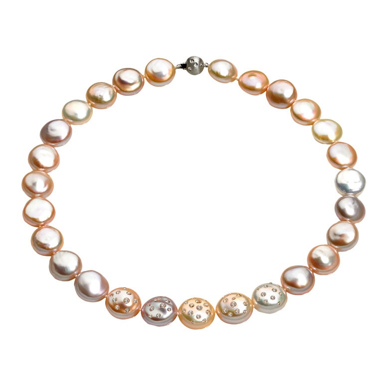 Russell Trusso Graduated Coin Pearl Diamond-Embedded Necklace at 1stdibs