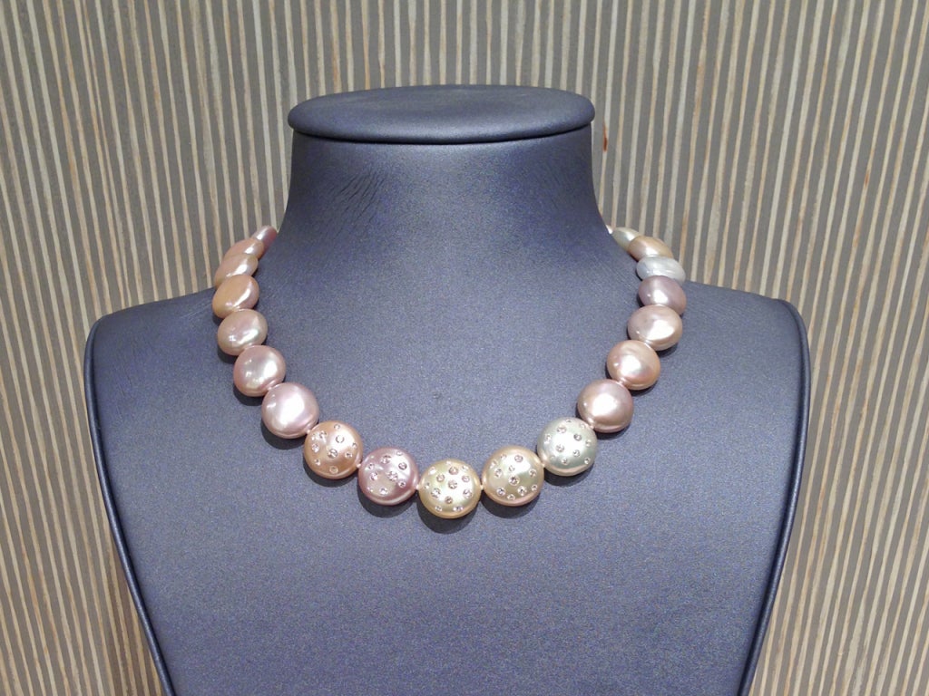 Artisan Russell Trusso Diamond Embedded Graduated Multicolored Coin Pearl Necklace
