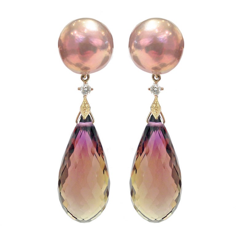 Trusso Faceted Ametrine Drop Maurasaki Pearl White Diamond Dangle Earrings