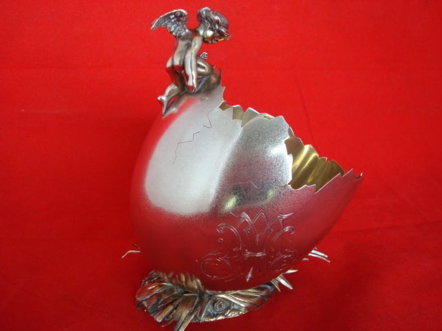 Figural Gorham Sterling Silver Candy Dish w/Angel on Egg & Grass