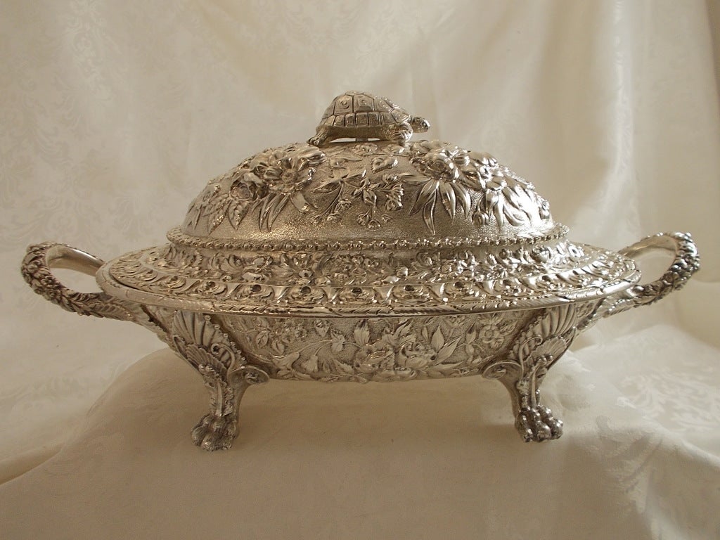 Early Footed Kirk Repousse sterling silver Terrapin Tureen with wonderful figural Turtle finial/handle & claw feet. The repousse detailing is exceptional and the figural turtle on the top is simply fabulous. Marked 