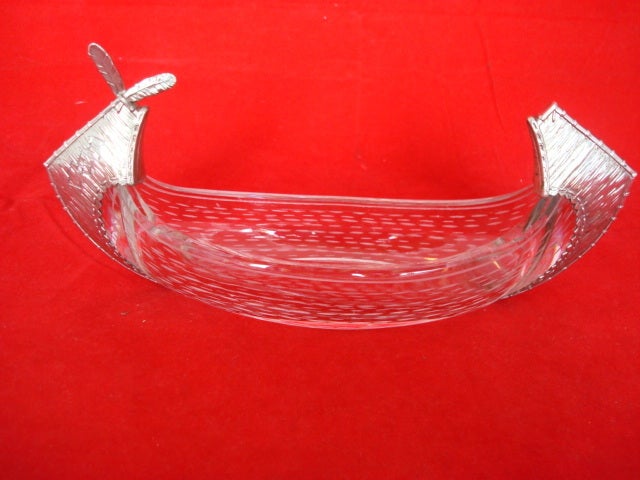 Joseph Heinrich Sterling & Cut Glass Indian Canoe Bowl Feathers