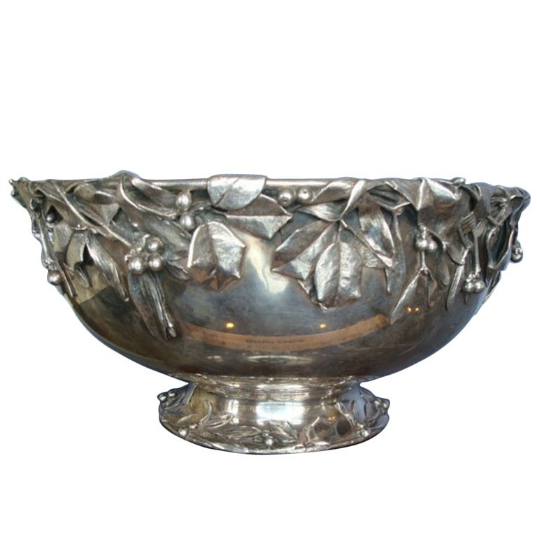 WHITING Art Silver Sterling Silver 3D Holly Punch Bowl c1880