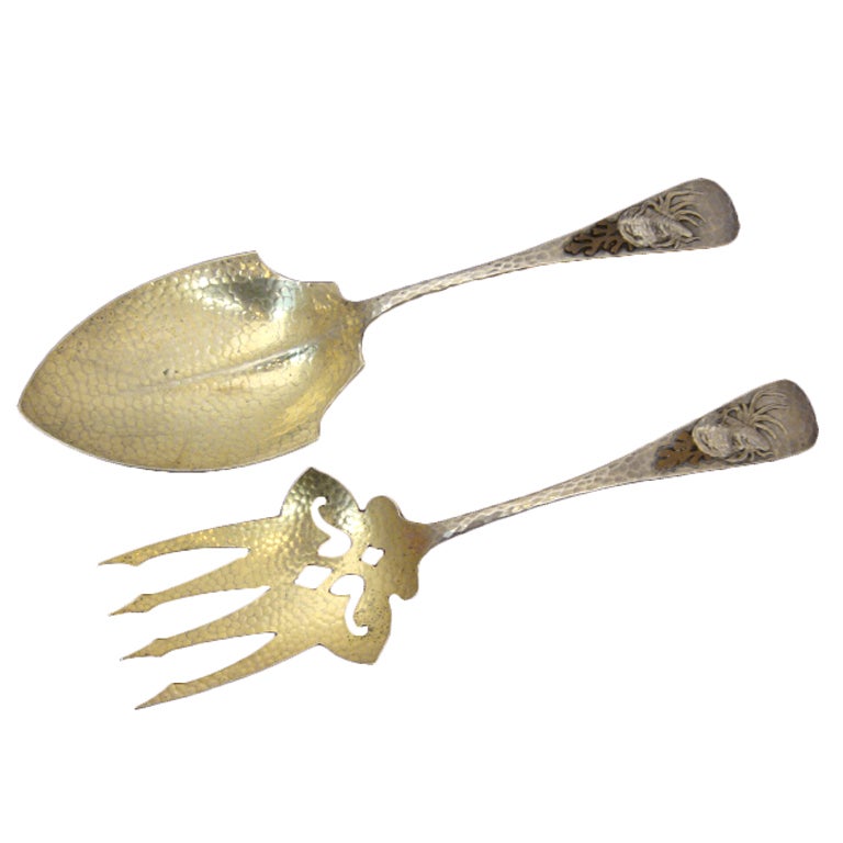 Whiting sterling silver copper hand hammered Seafood Salad Set For Sale