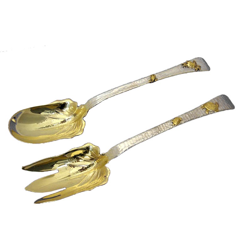 TIFFANY Lap Over Edge Sterling Silver Lg Salad Set Turtles Crab