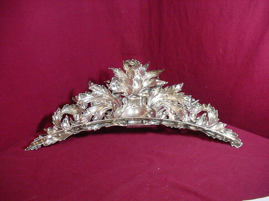 One-of-a-kind custom Buccellati sterling headboard or wall ornament with brace for hanging. Beautiful scrolling three dimensional detail. Original owner used as a headboard ornament, could also be used as wall decoration above a mirror or above a