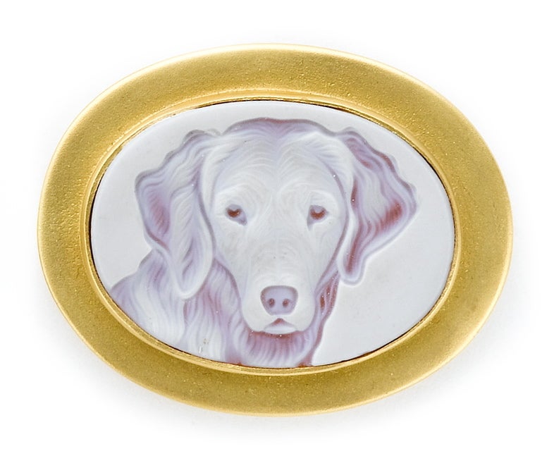 Hand carved Retriever head engraved in blue and white agate (or red and white) with double 18 karat gold bezel 38mm x 28mm.