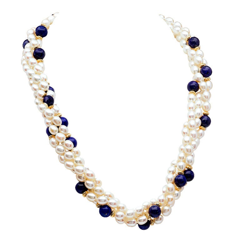 Pearl and Lapis Lazuli Multi Strand Necklace