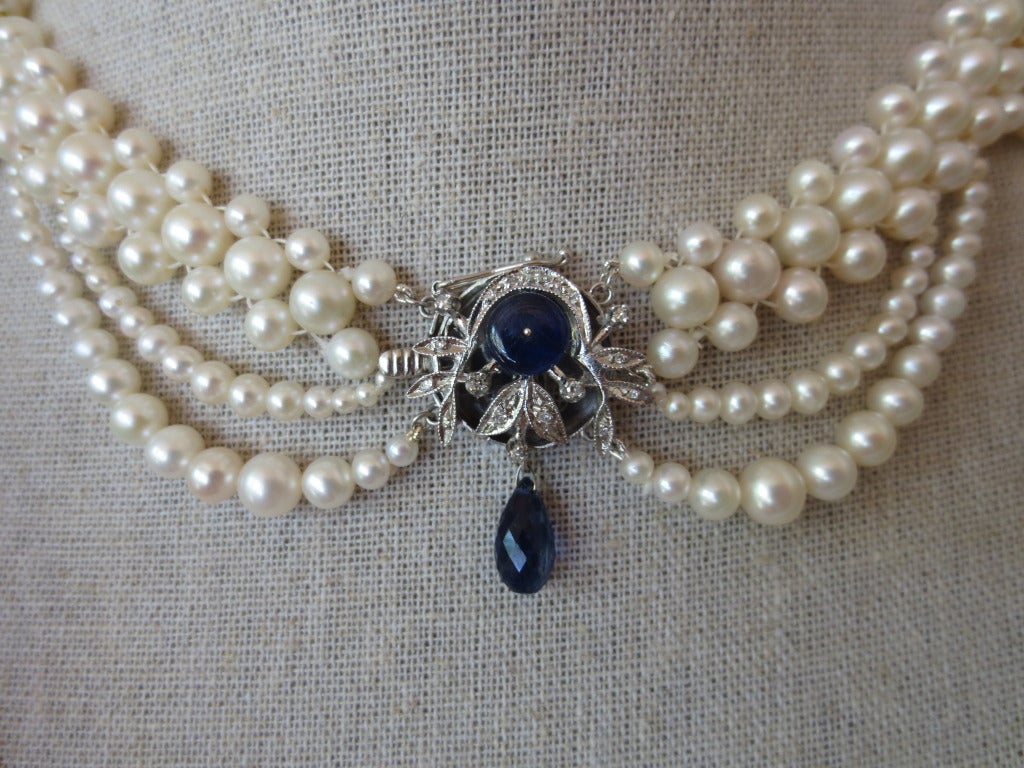 Draping Sapphire & Pearl Necklace In Excellent Condition In Los Angeles, CA