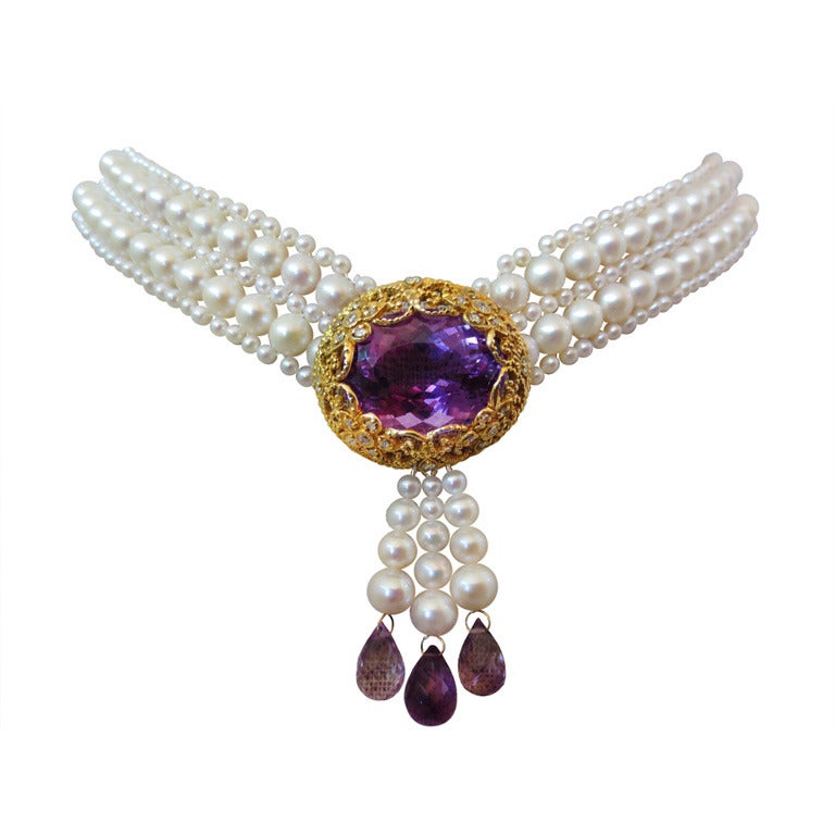 Woven Pearl Necklace with Amethyst Centerpiece
