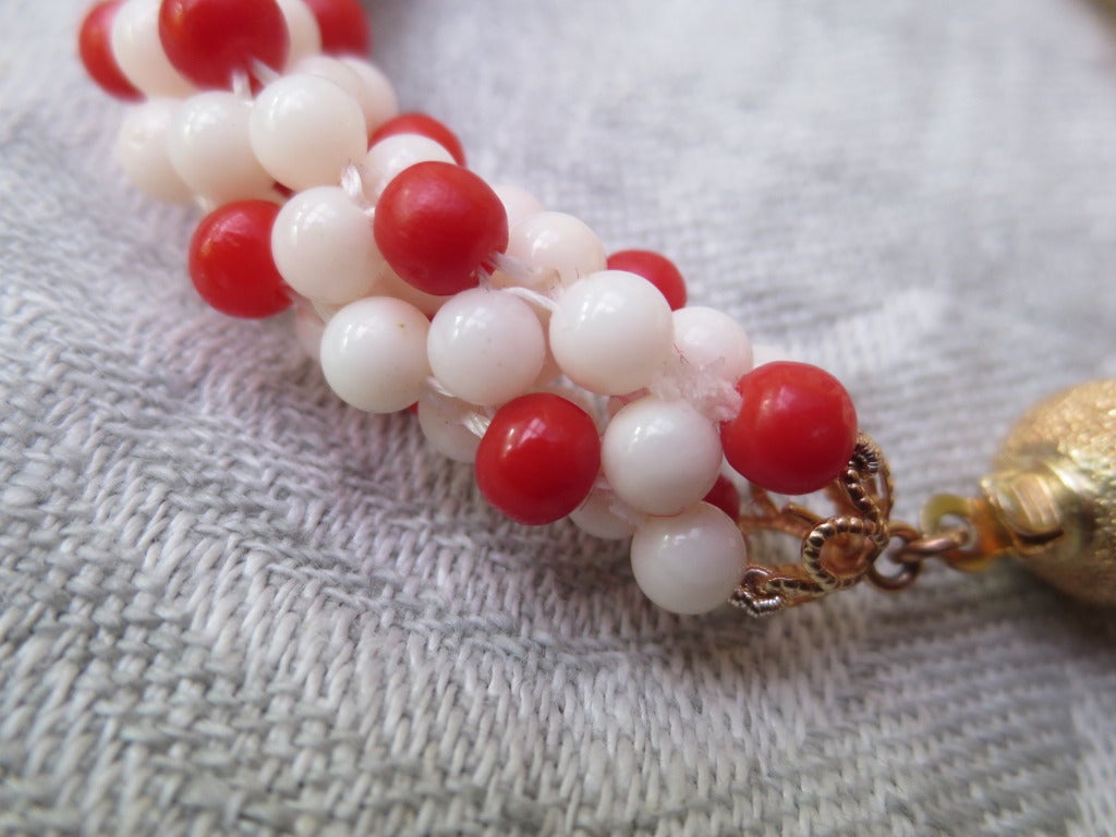 Artist White and Red Coral Bead Woven Rope Bracelet with 14 Karat Gold Sphere Clasp