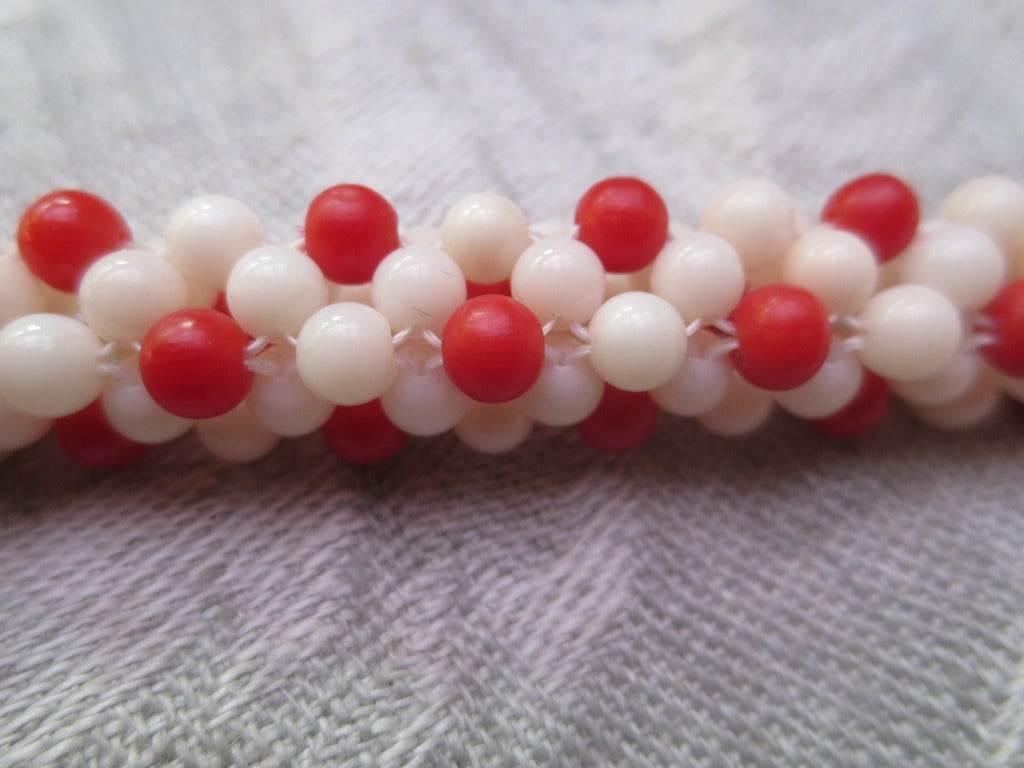 Women's White and Red Coral Bead Woven Rope Bracelet with 14 Karat Gold Sphere Clasp