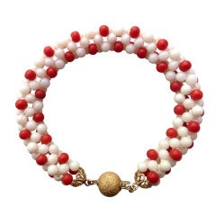 White and Red Coral Bead Woven Rope Bracelet with 14 Karat Gold Sphere Clasp