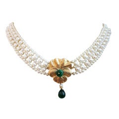 Woven Pearl Necklace with Emerald and Gold Floral Centerpiece and Gold 10